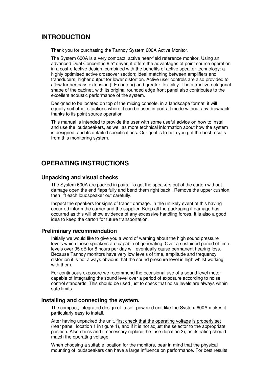 Tannoy 600A user manual Introduction, Unpacking and visual checks 