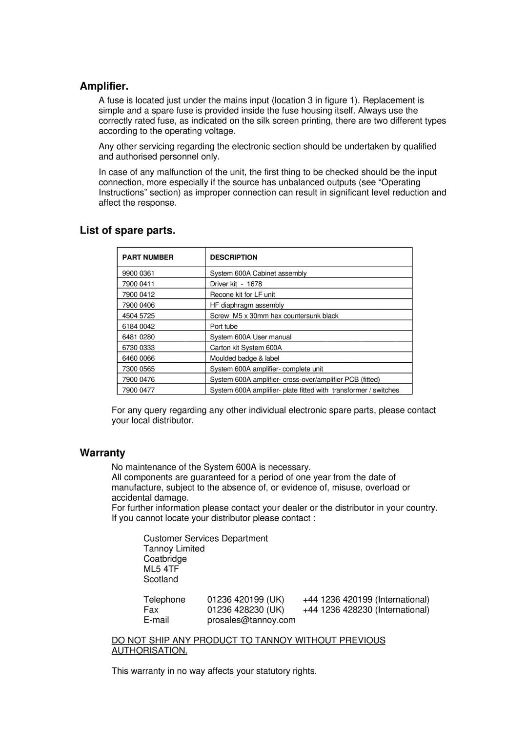 Tannoy 600A user manual ML5 4TF 