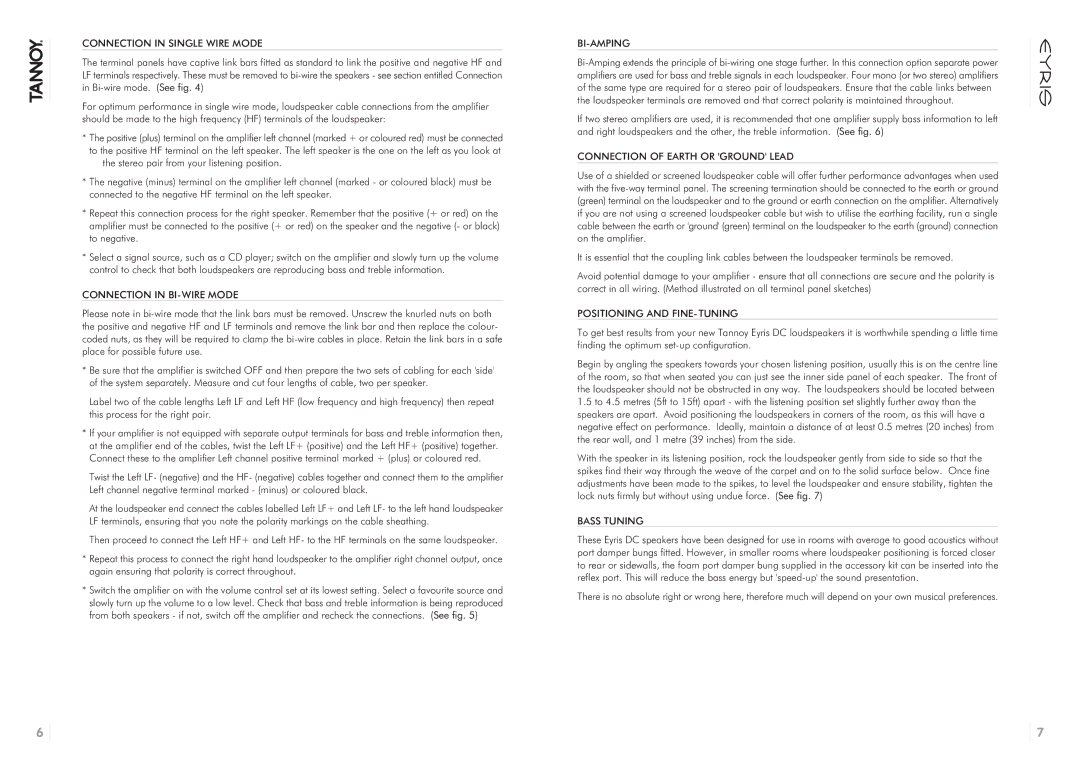Tannoy 64810398 Connection in BI-WIRE Mode, Connection of Earth or Ground Lead, Positioning and FINE-TUNING, Bass Tuning 