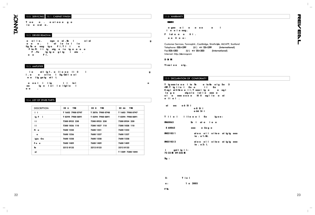 Tannoy 66D, 8D owner manual Servicing 10.1 Cabinet Finish, Driver Removal, Amplifier, List of Spare Parts, Warranty 
