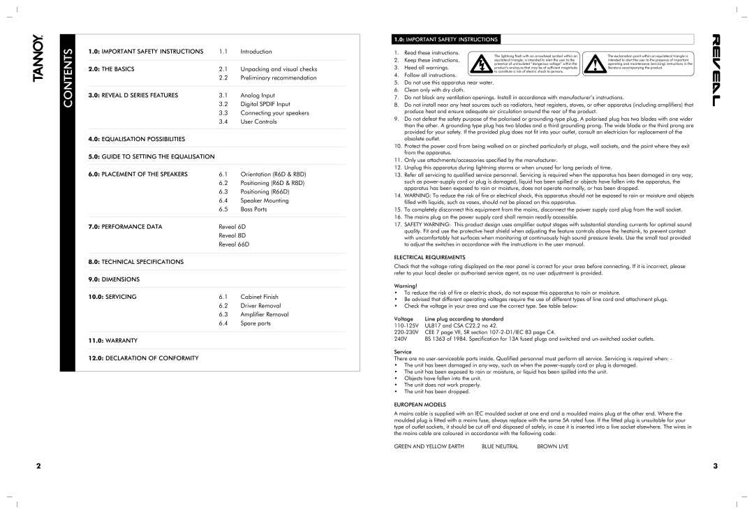 Tannoy 8D, 66D owner manual Contents 