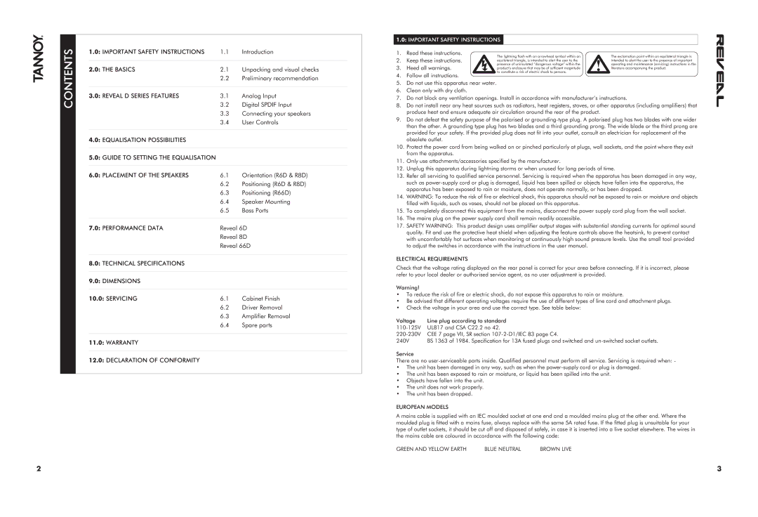 Tannoy 6D 66D & 8D manual Contents 