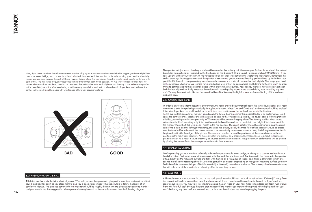 Tannoy 6D 66D & 8D manual Positioning R6D & R8D, Positioning R66D, Speaker Mounting, Bass Ports 