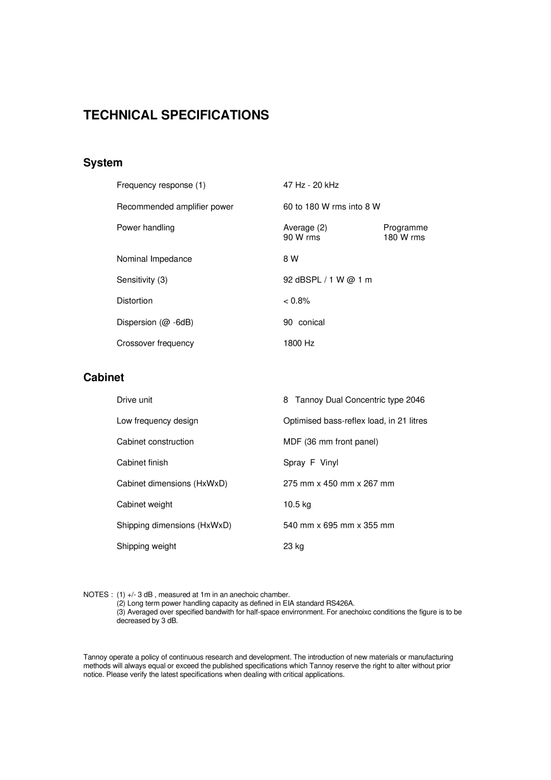 Tannoy 800 user manual Technical Specifications, System 