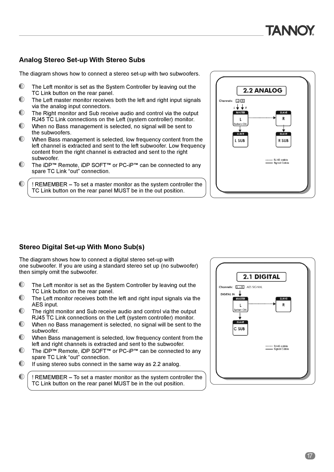 Tannoy ACTIVE STUDIO MONITORS owner manual Analog Stereo Set-up With Stereo Subs, Stereo Digital Set-up With Mono Subs 