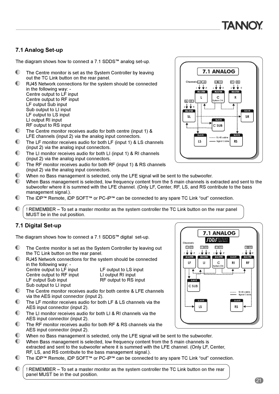 Tannoy ACTIVE STUDIO MONITORS owner manual Analog Set-up 