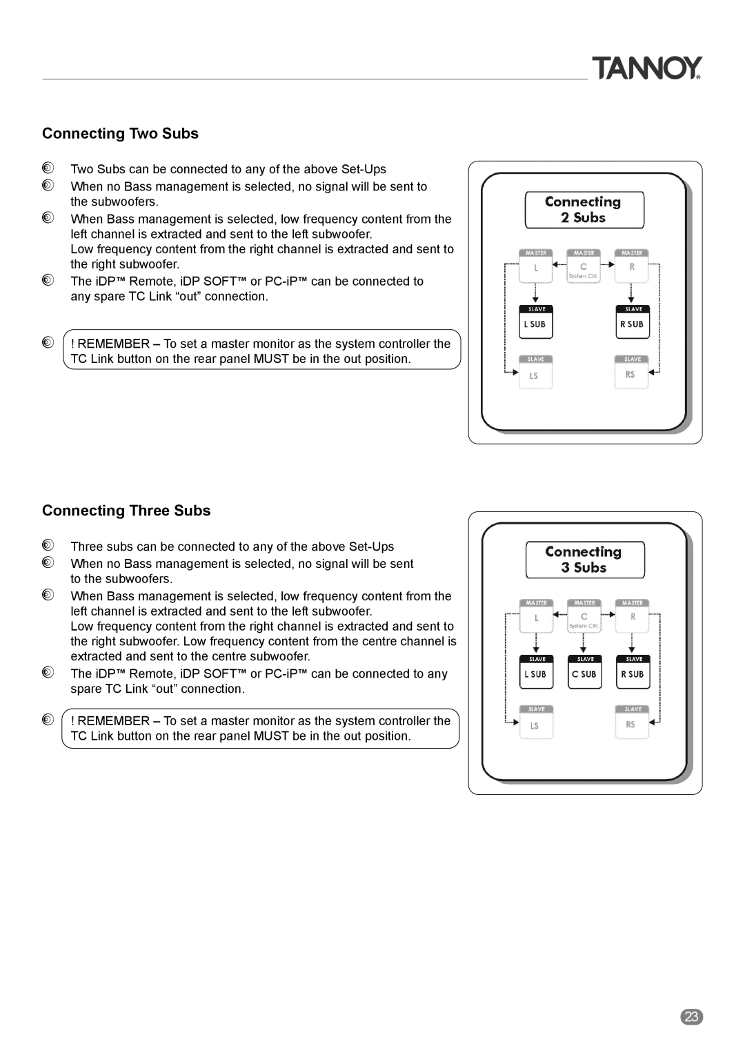 Tannoy ACTIVE STUDIO MONITORS owner manual Connecting Two Subs, Connecting Three Subs 