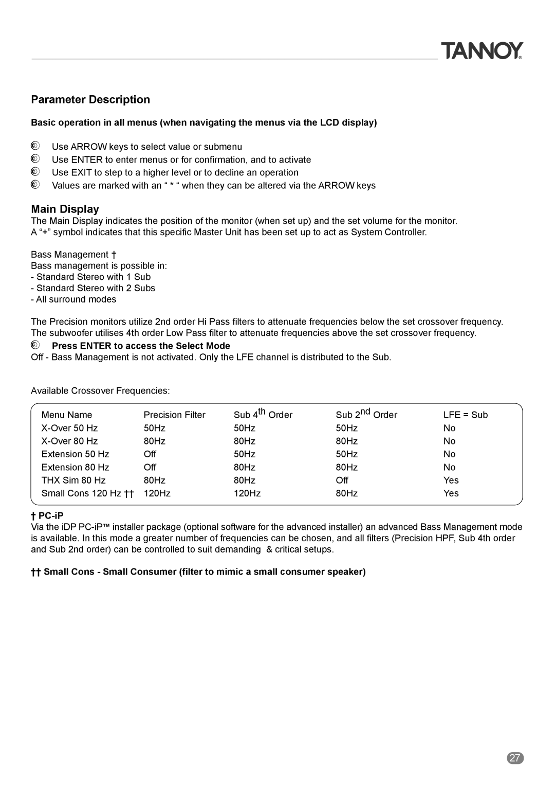 Tannoy ACTIVE STUDIO MONITORS Parameter Description, Main Display, Press Enter to access the Select Mode, † PC-iP 
