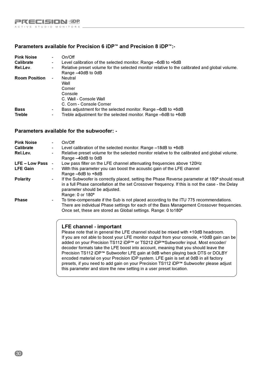 Tannoy ACTIVE STUDIO MONITORS owner manual Parameters available for the subwoofer, LFE channel important 