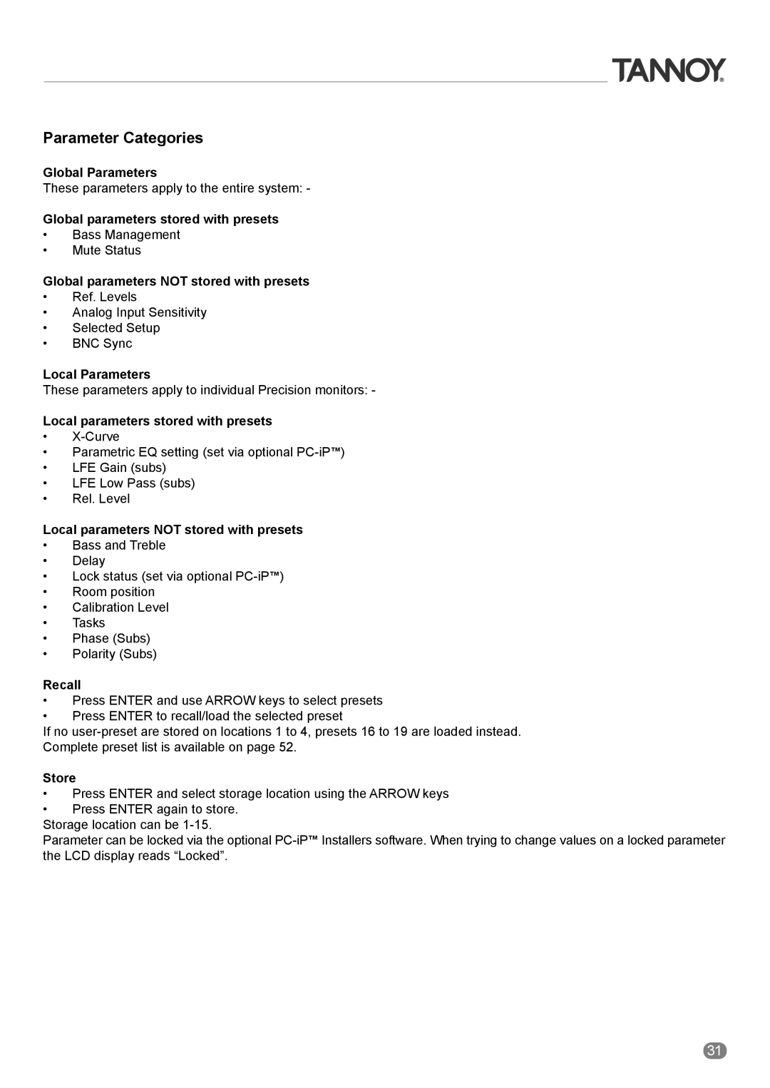 Tannoy ACTIVE STUDIO MONITORS owner manual Parameter Categories 