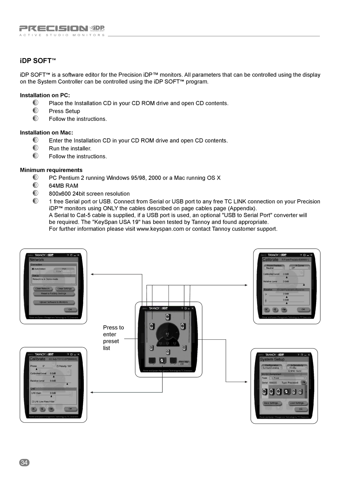 Tannoy ACTIVE STUDIO MONITORS owner manual IDP Soft, Installation on PC, Installation on Mac, Minimum requirements 