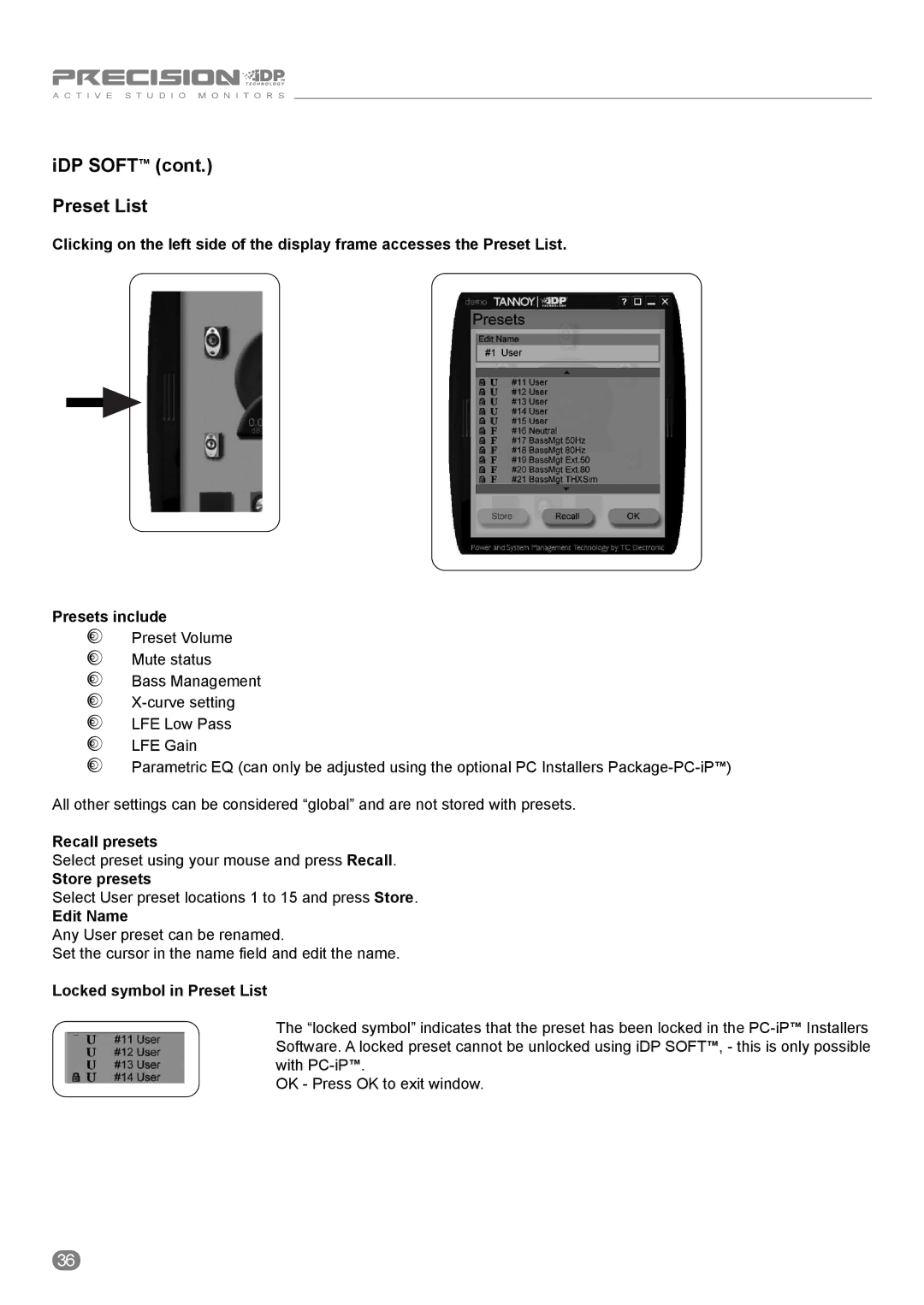 Tannoy ACTIVE STUDIO MONITORS IDP Soft Preset List, Recall presets, Store presets, Edit Name, Locked symbol in Preset List 