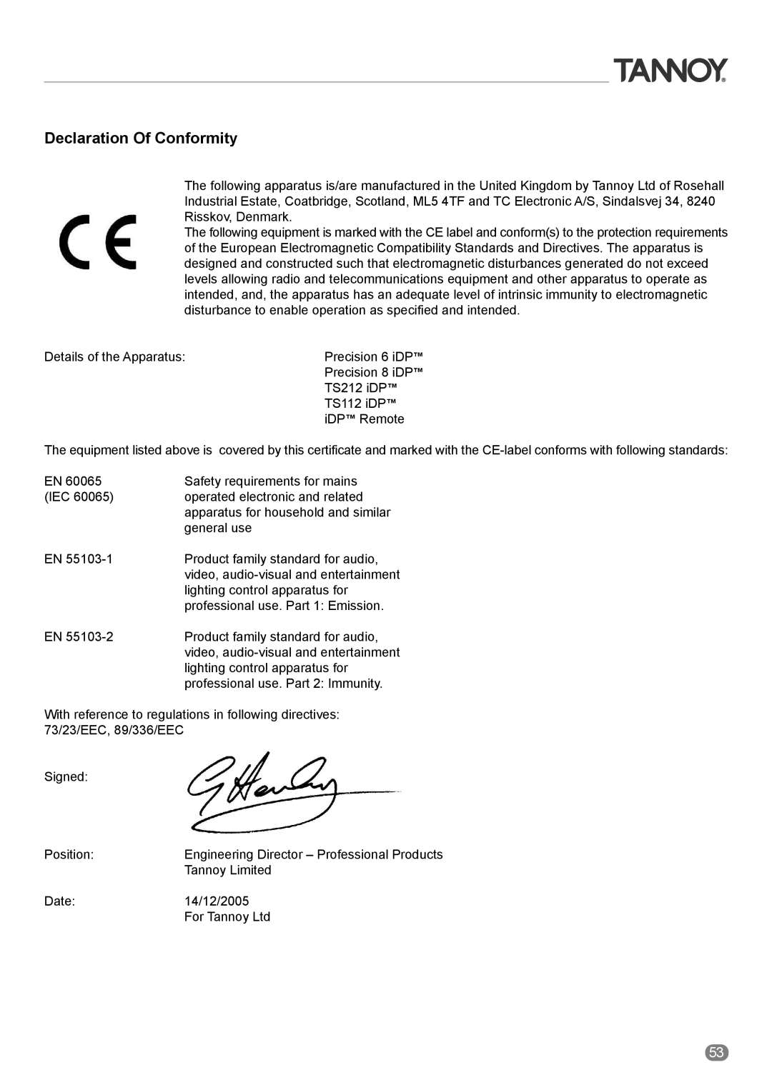 Tannoy ACTIVE STUDIO MONITORS owner manual Declaration Of Conformity 