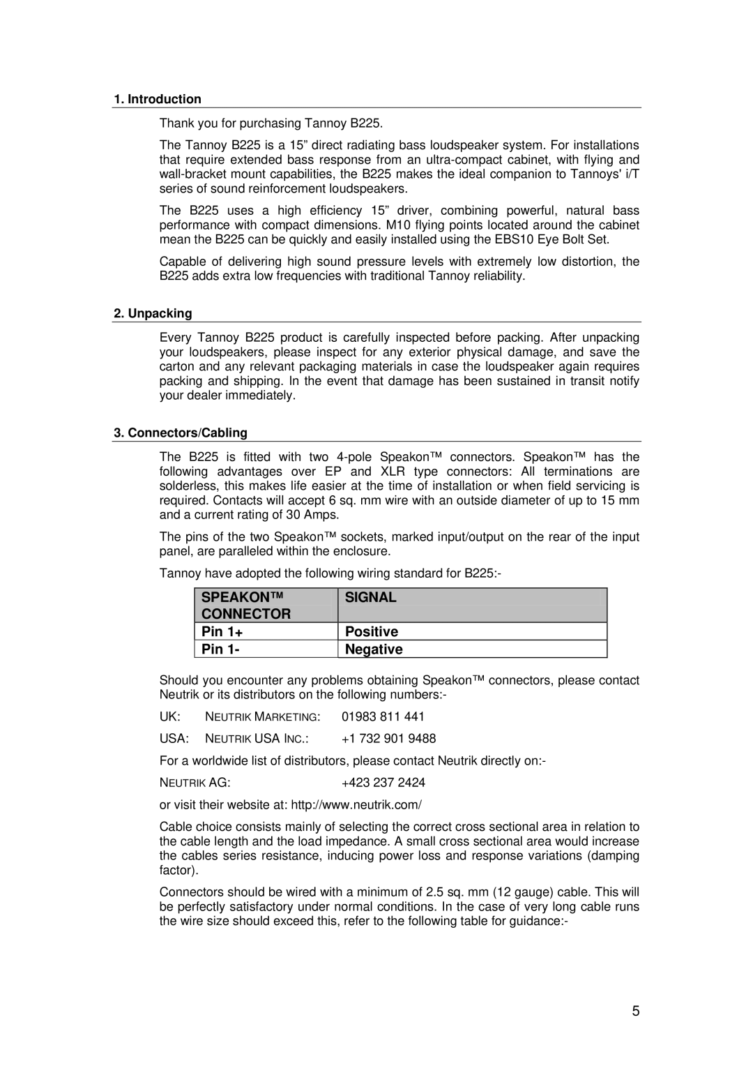 Tannoy B225 user manual Introduction, Unpacking, Connectors/Cabling 