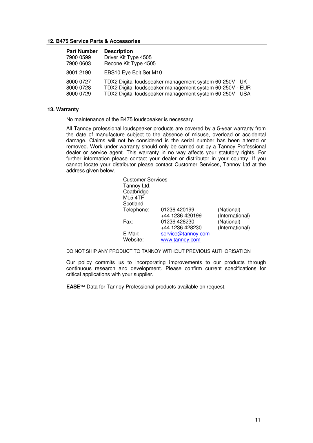 Tannoy user manual 12. B475 Service Parts & Accessories Part Number Description, Warranty 