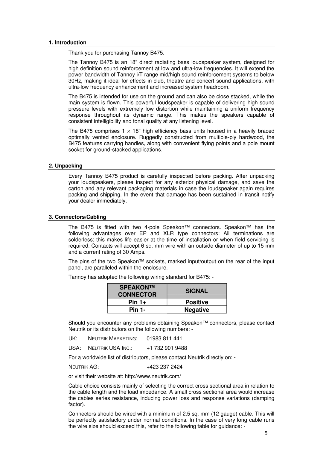 Tannoy B475 user manual Introduction, Unpacking, Connectors/Cabling, Positive, Negative 