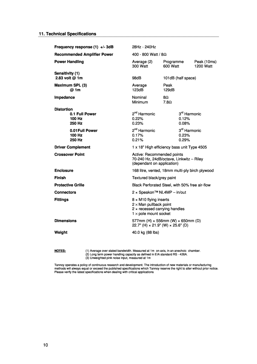 Tannoy B475 user manual Technical Specifications 