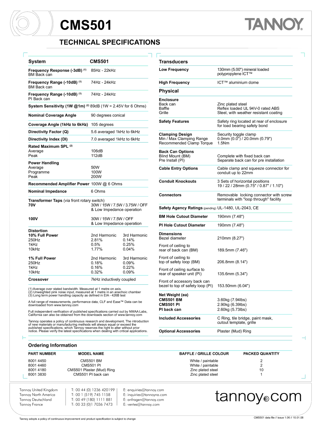 Tannoy warranty Technical Specifications, System CMS501 