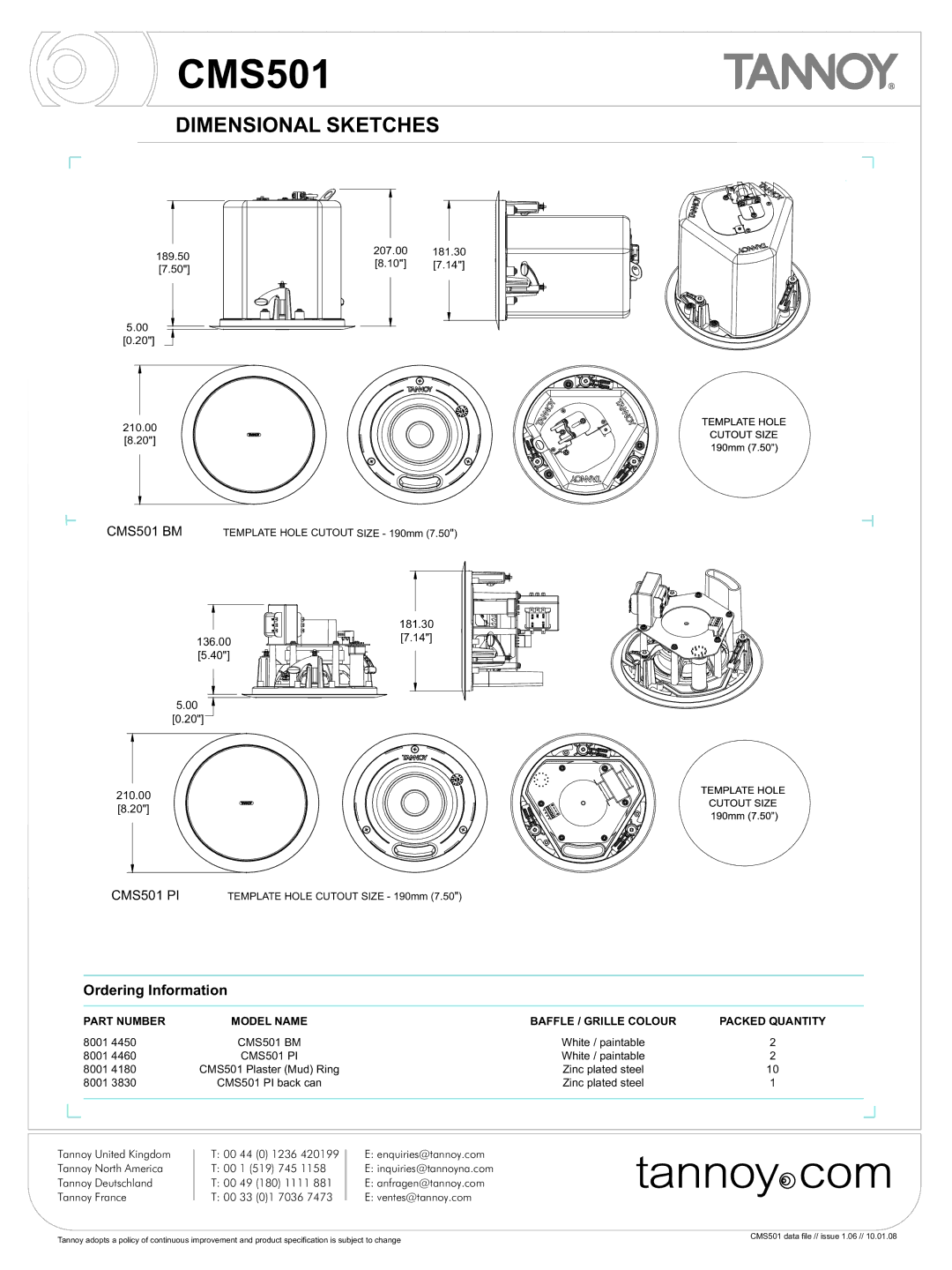 Tannoy CMS501 warranty Dimensional Sketches 