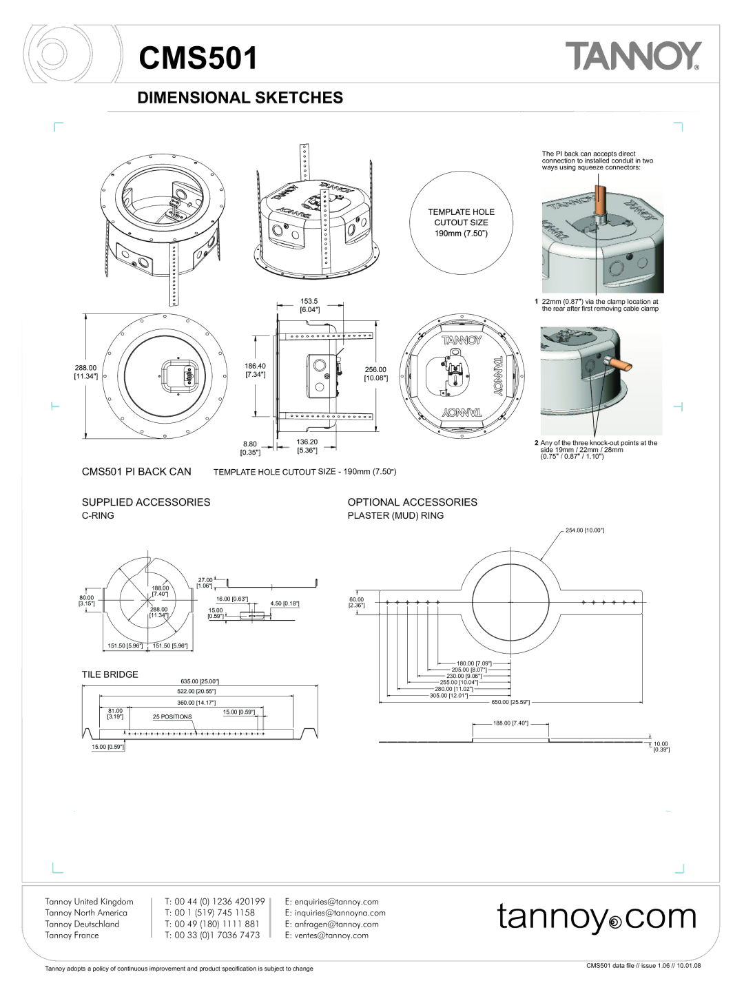 Tannoy CMS501 warranty Supplied Accessories Optional Accessories 