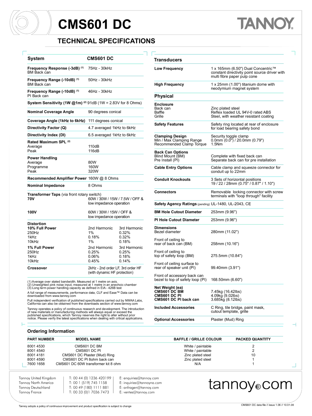 Tannoy CMS601 DC warranty Technical Specifications 