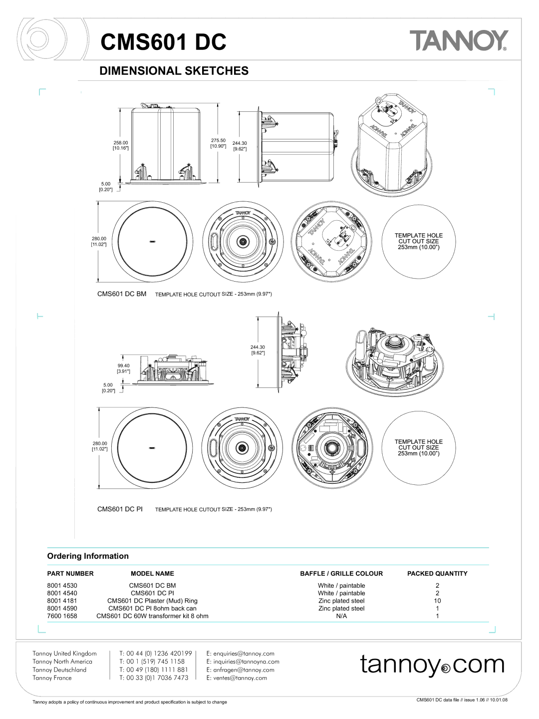 Tannoy CMS601 DC warranty Dimensional Sketches 