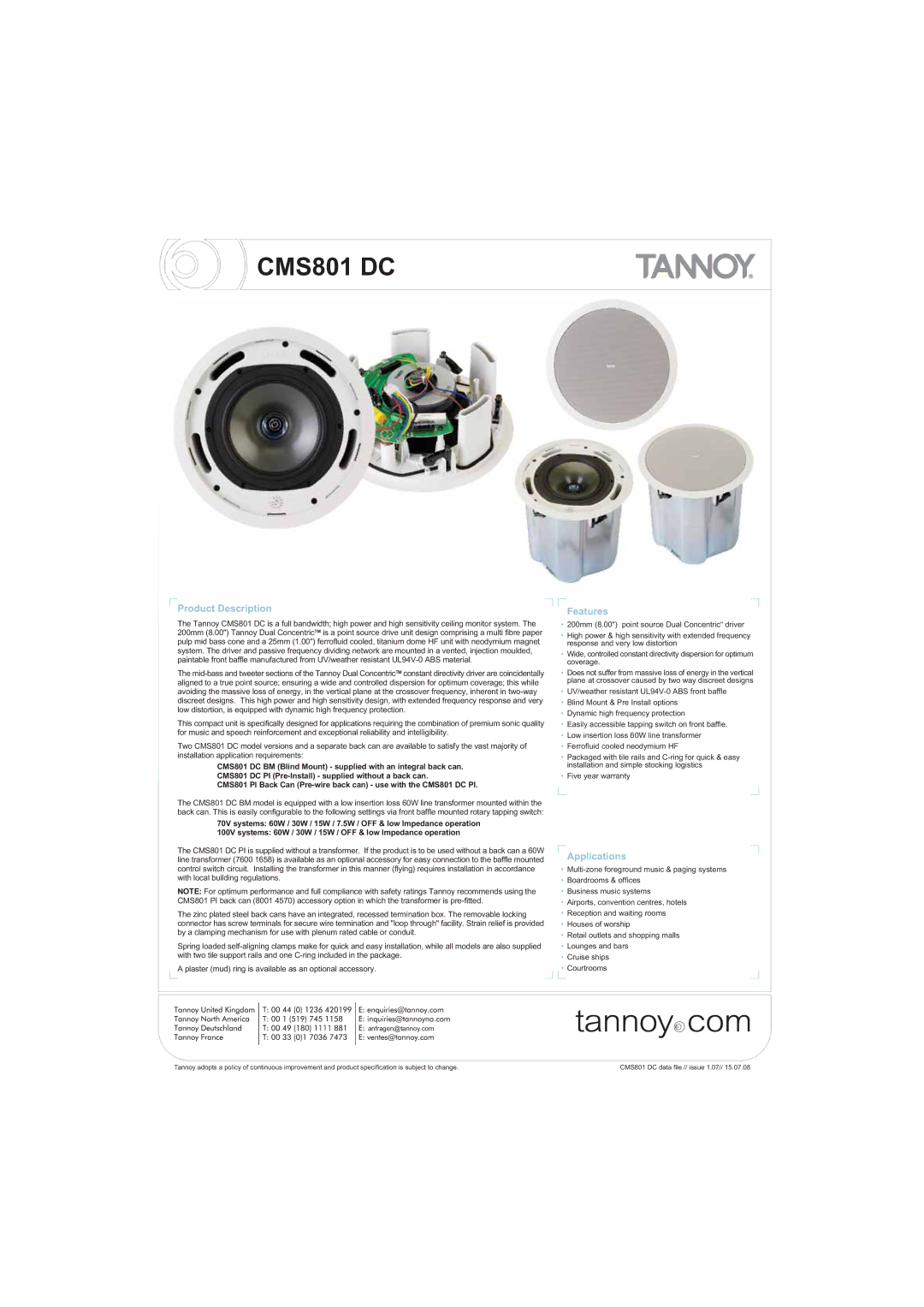 Tannoy CMS801 DC warranty 