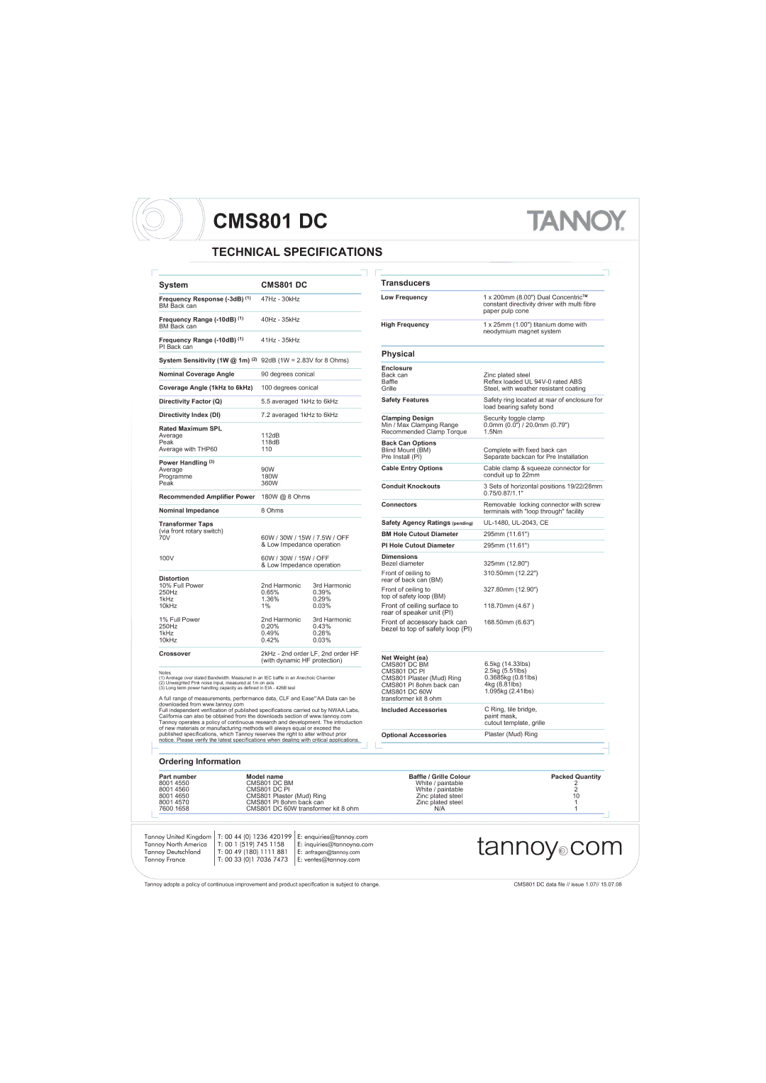 Tannoy CMS801 DC warranty Technical Specifications, Front of ceiling surface to, Bezel to top of safety loop PI 