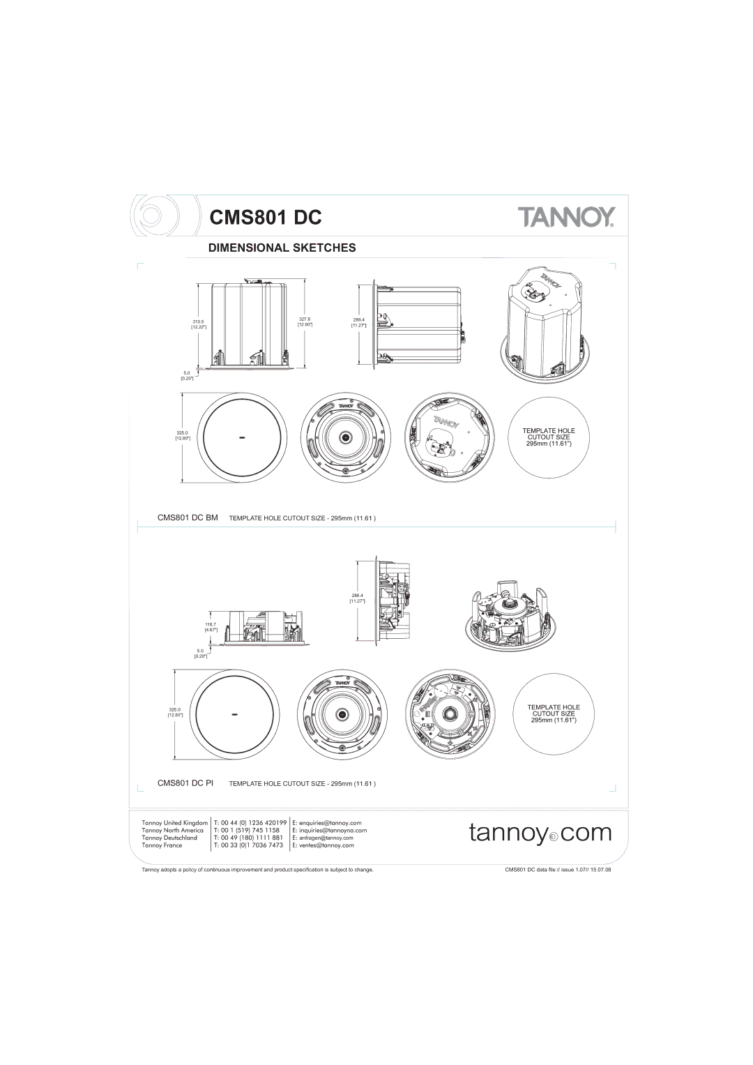 Tannoy Dimensional Sketches, CMS801 DC BM Template Hole Cutout Size 295mm, CMS801 DC PI Template Hole Cutout Size 295mm 