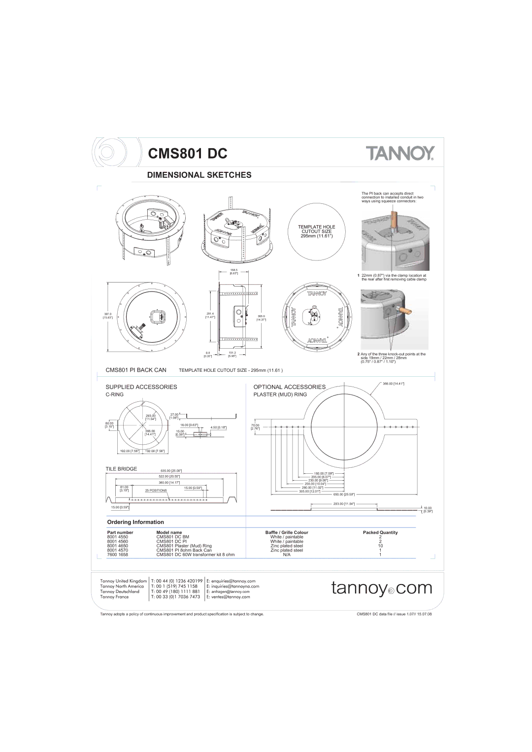 Tannoy CMS801 DC warranty Supplied Accessories Optional Accessories, CMS801 PI Back can Template Hole Cutout Size 295mm 