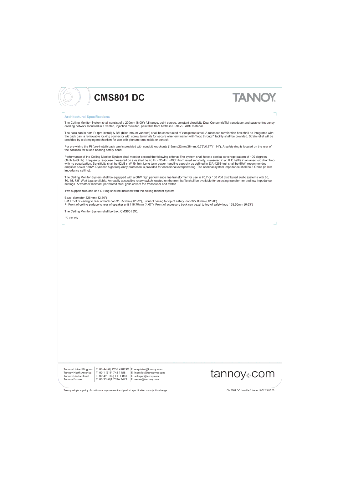 Tannoy CMS801 DC warranty Architectural Specifications 