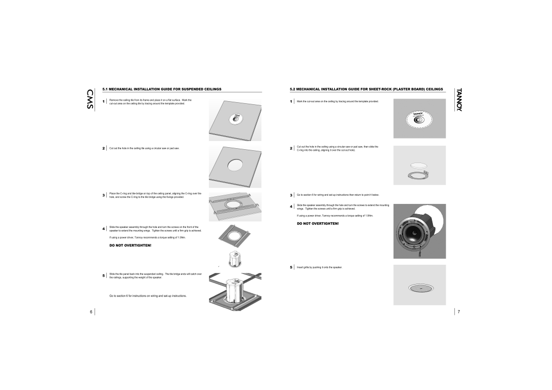 Tannoy CMS801 sub PI, CMS801 PI, CMS801 DC PI Mechanical Installation Guide for Suspended Ceilings, Do not Overtighten 