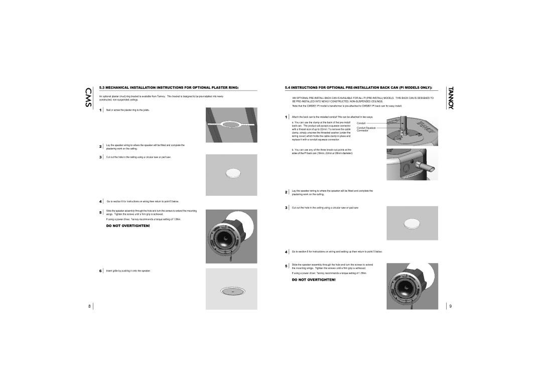 Tannoy CMS801 PI, CMS801 DC PI, CMS801 DC BM, CMS801 sub BM, CMS801 sub PI installation manual Cms 