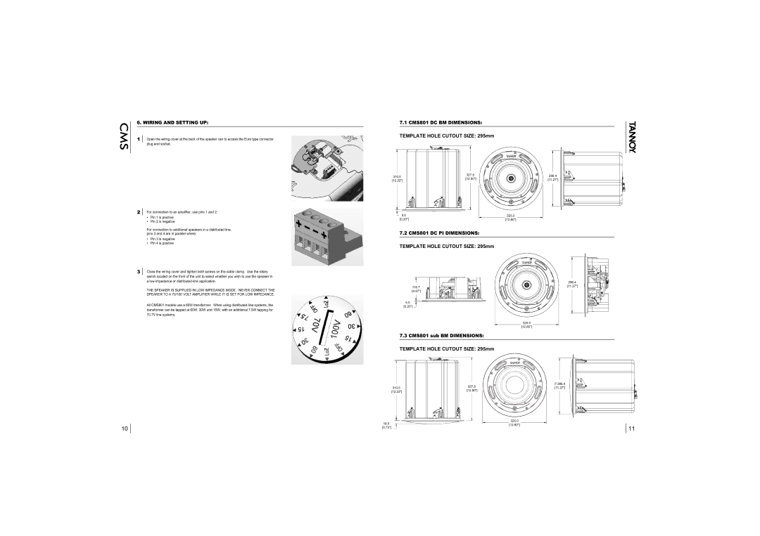 Tannoy CMS801 PI, CMS801 sub BM, CMS801 sub PI Wiring and Setting UP, CMS801 DC BM Dimensions, CMS801 DC PI Dimensions 