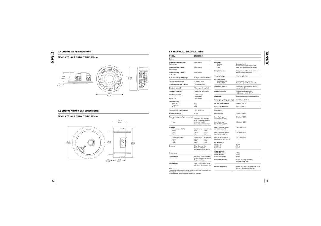 Tannoy CMS801 DC BM, CMS801 DC PI, CMS801 sub BM, CMS801 sub PI Technical Specifications, CMS801 PI Back can Dimensions 