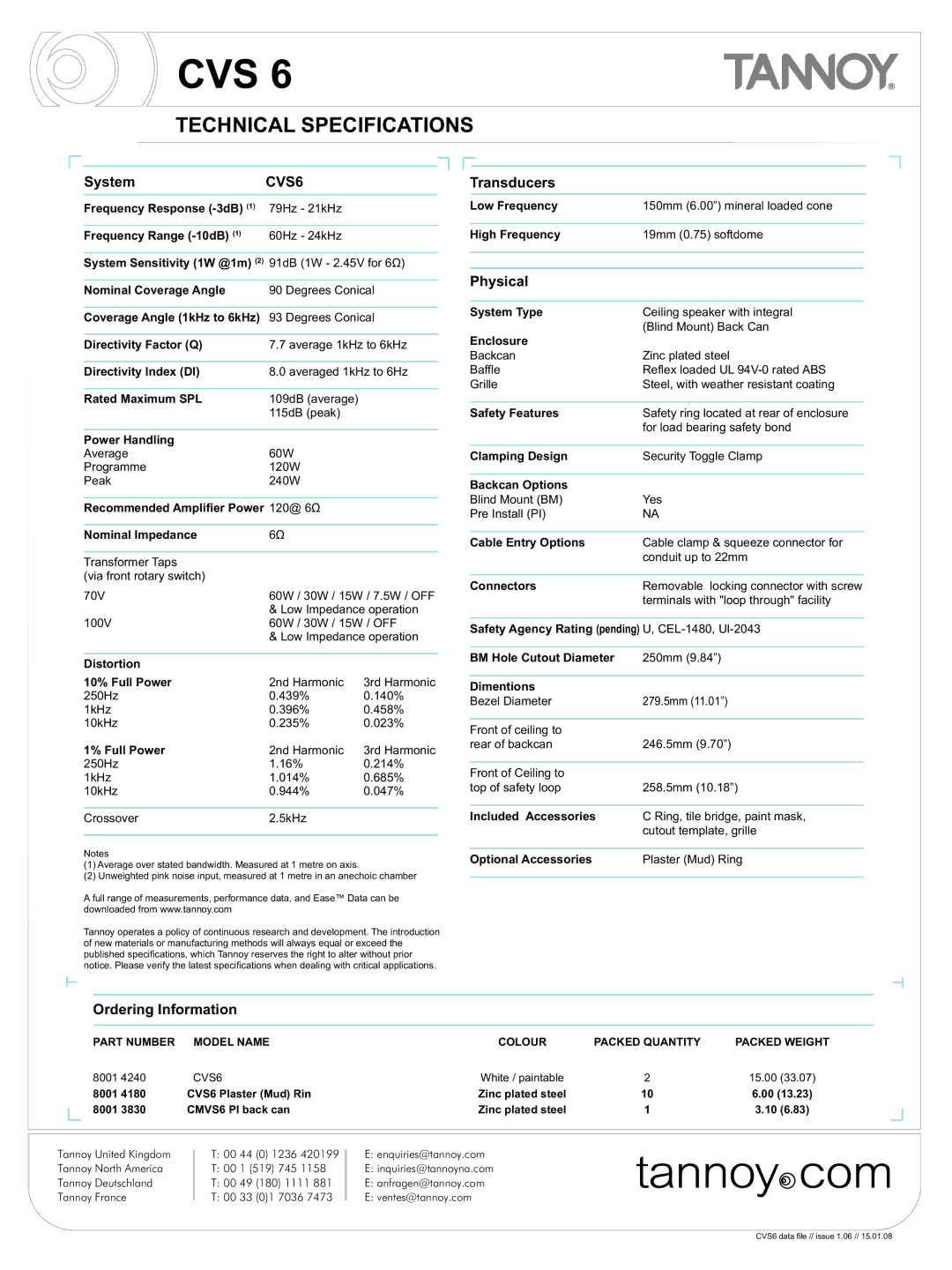 Tannoy CVS6 manual Technical Specifications 