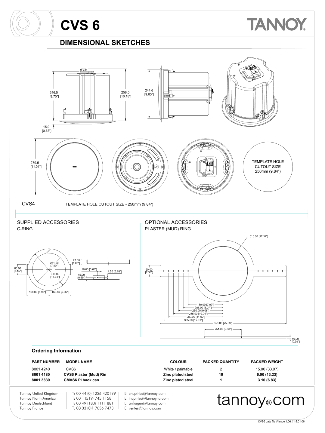 Tannoy CVS6 manual Dimensional Sketches, Optional Accessories 