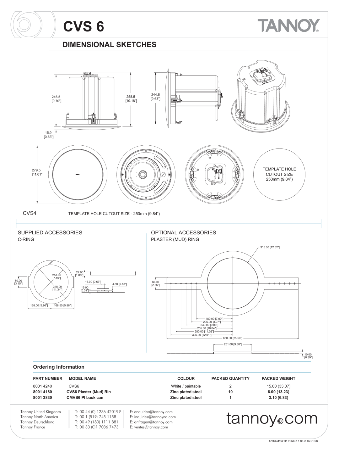 Tannoy CVS6 manual Dimensional Sketches, C-Ring, Plaster Mud Ring, CVS4, Supplied Accessories, Optional Accessories 