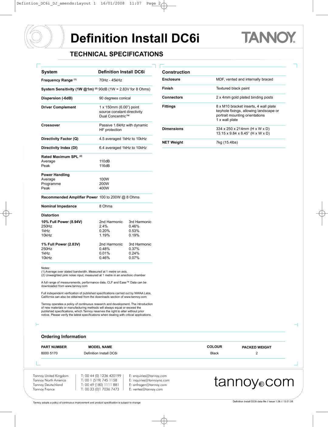 Tannoy manual Technical Specifications, System Definition Install DC6i 