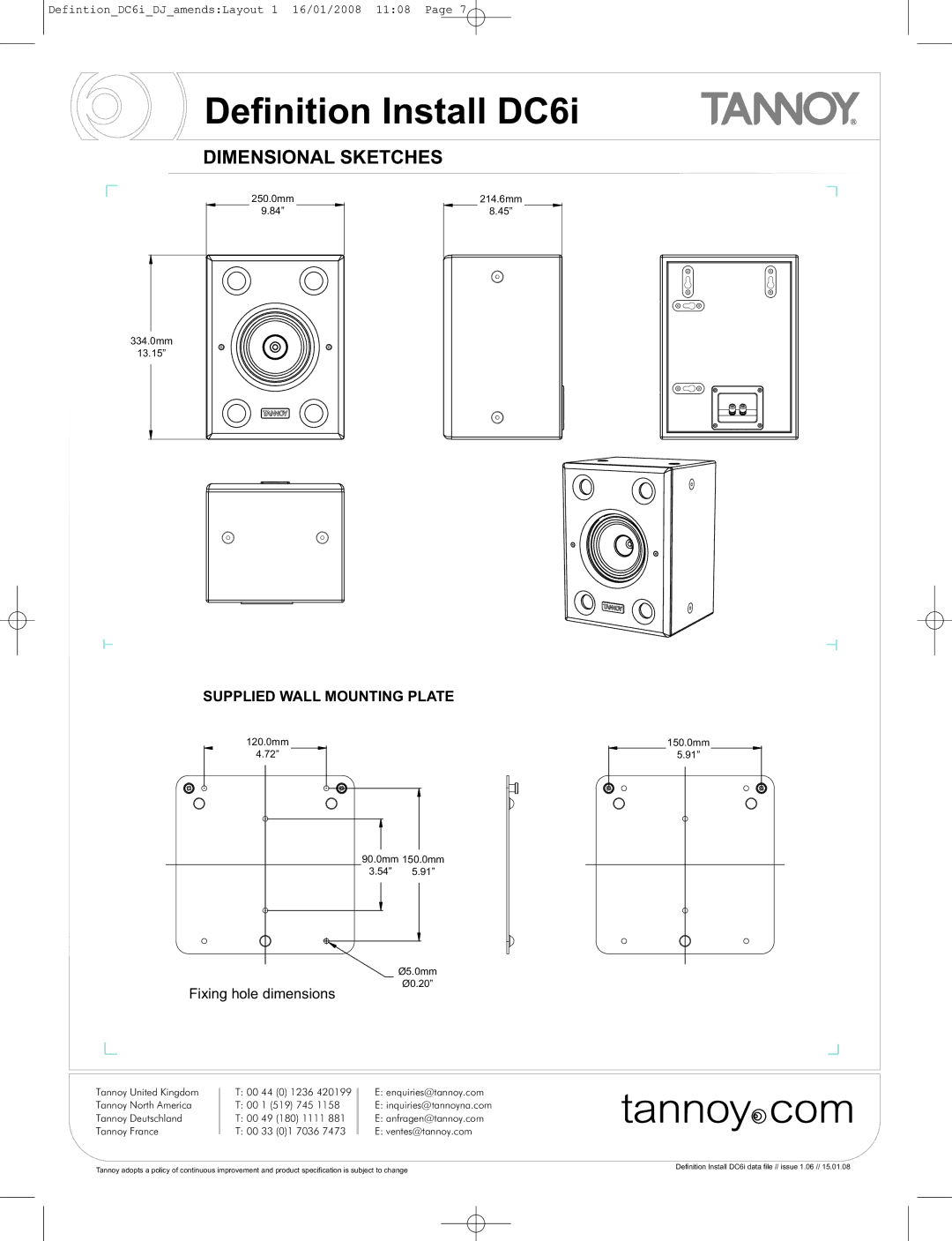 Tannoy DC6i manual Dimensional Sketches, Supplied Wall Mounting Plate 