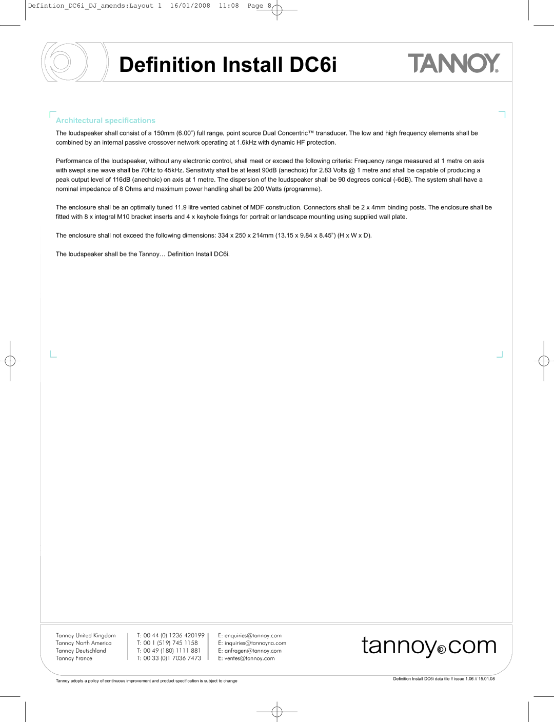 Tannoy DC6i manual Architectural specifications 
