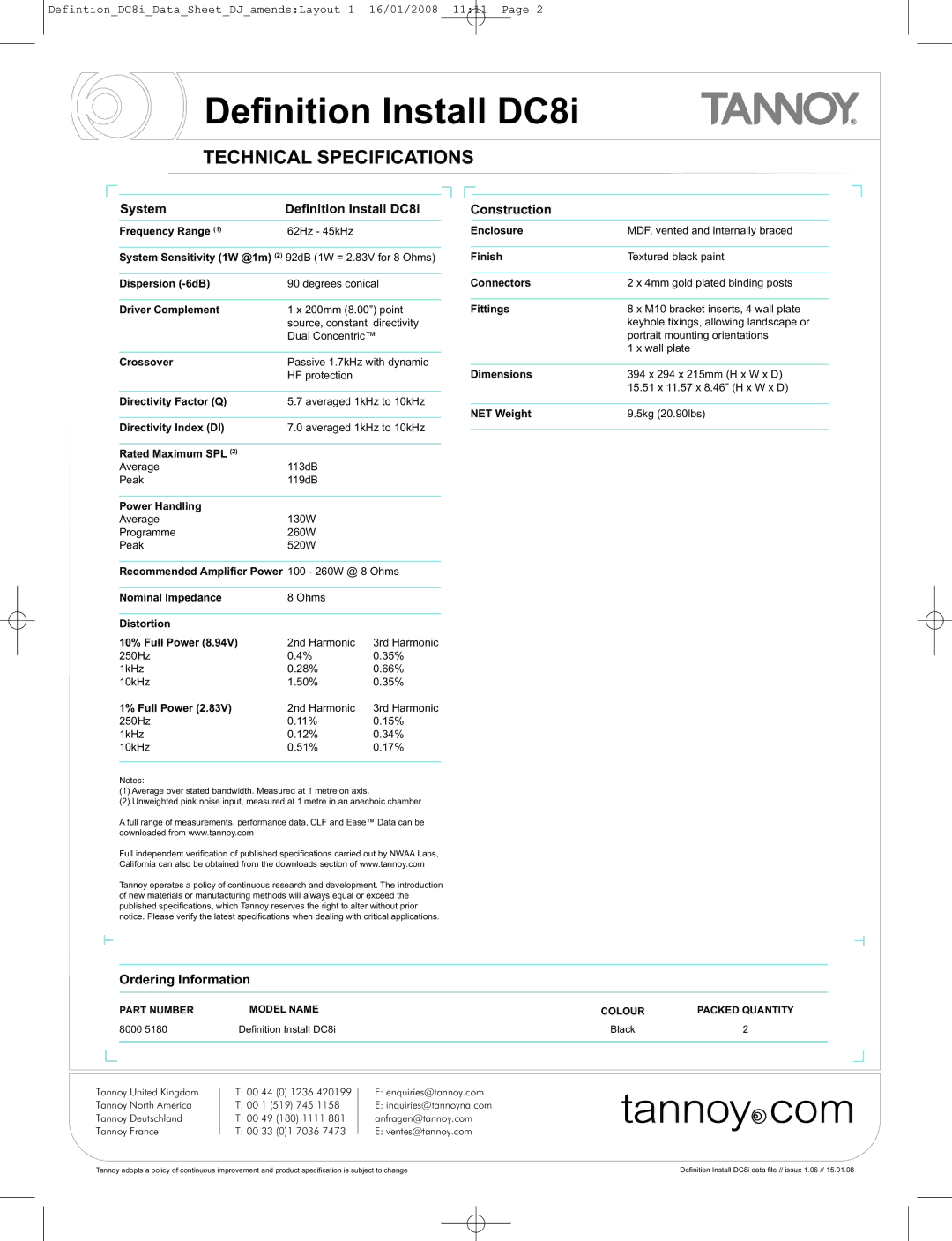 Tannoy manual Technical Specifications, System Definition Install DC8i 