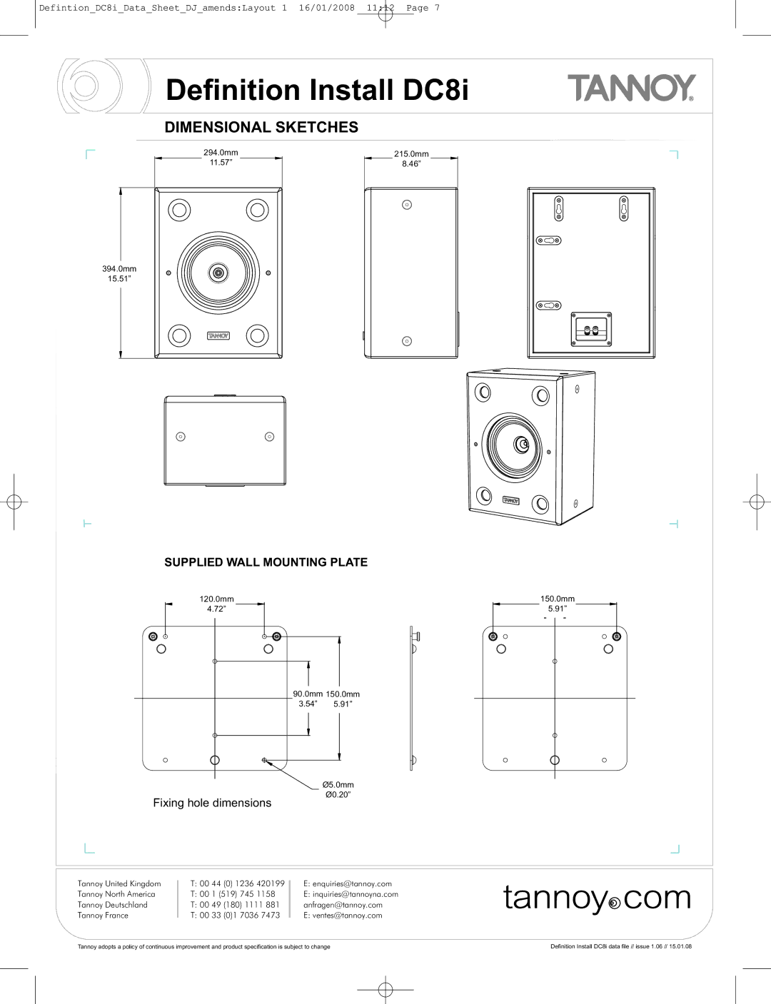 Tannoy DC8i manual Dimensional Sketches, Supplied Wall Mounting Plate 