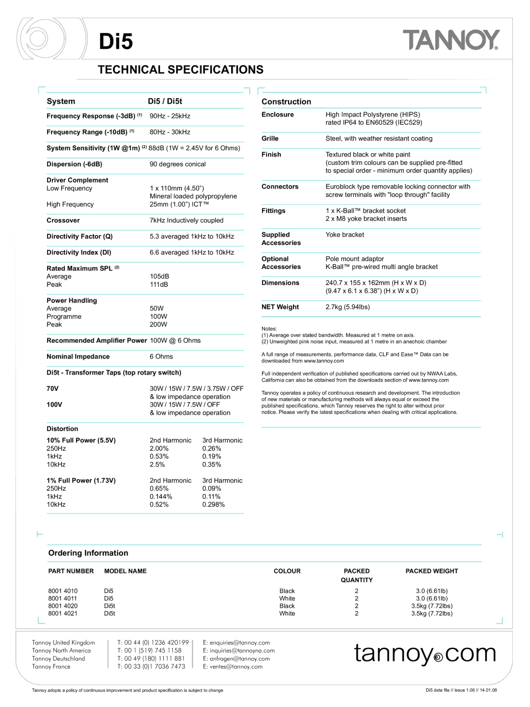 Tannoy DI5 warranty Technical Specifications, System Di5 / Di5t, Construction, Ordering Information 