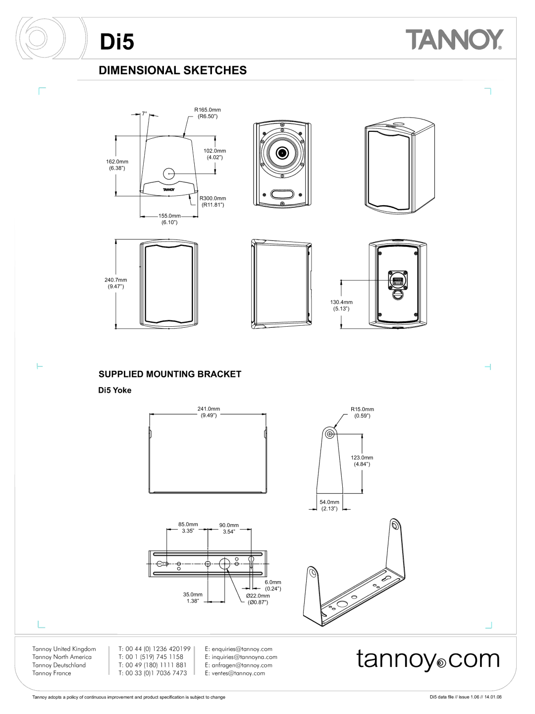 Tannoy DI5 warranty Dimensional Sketches, Di5 Yoke 