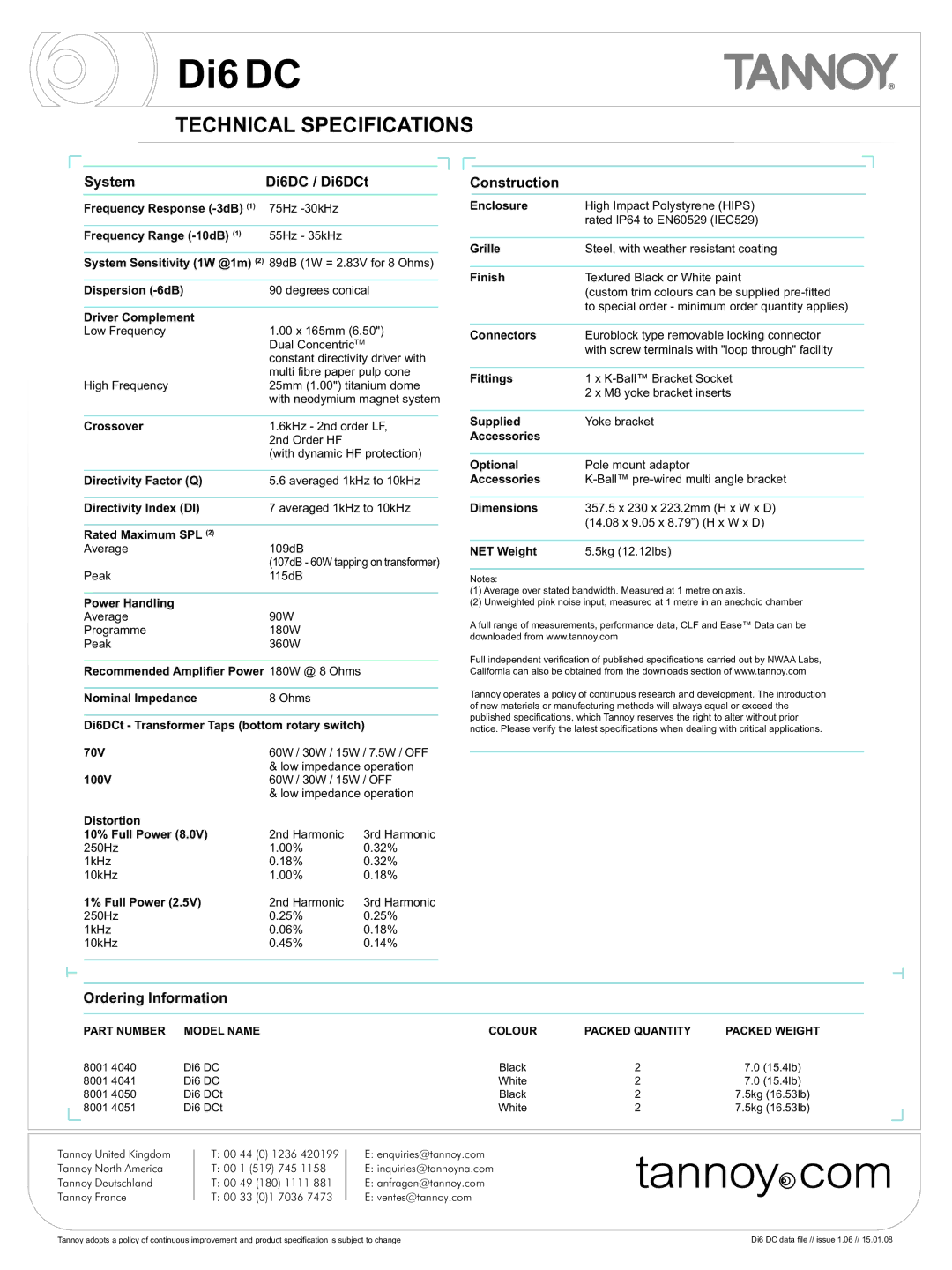 Tannoy DI6 DC warranty Technical Specifications, System Di6DC / Di6DCt, Construction, Ordering Information 