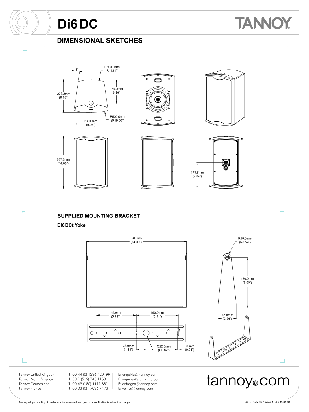 Tannoy DI6 DC warranty Dimensional Sketches, Di6DCt Yoke 