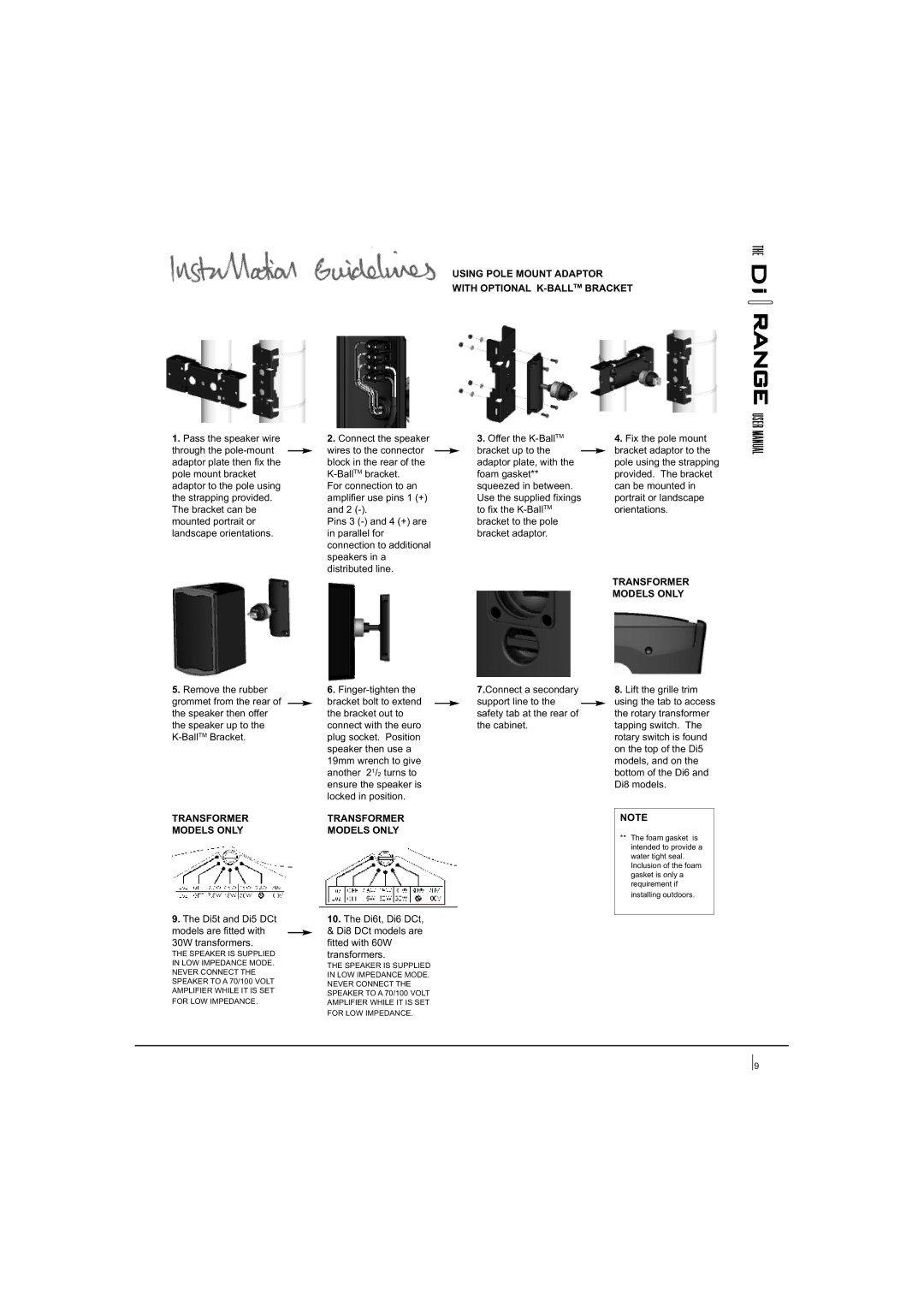 Tannoy DI6T, DI5T, DI8 DCT, DI6 DCT, DI5 DCT user manual Using Pole Mount Adaptor with Optional K-BALLTMBRACKET 