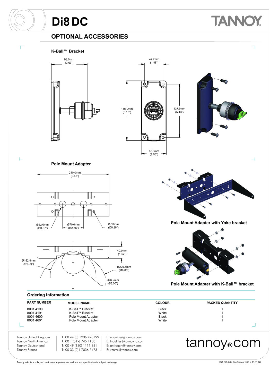 Tannoy Di8DC warranty Optional Accessories, BallBracket, Pole Mount Adapter with Yoke bracket 