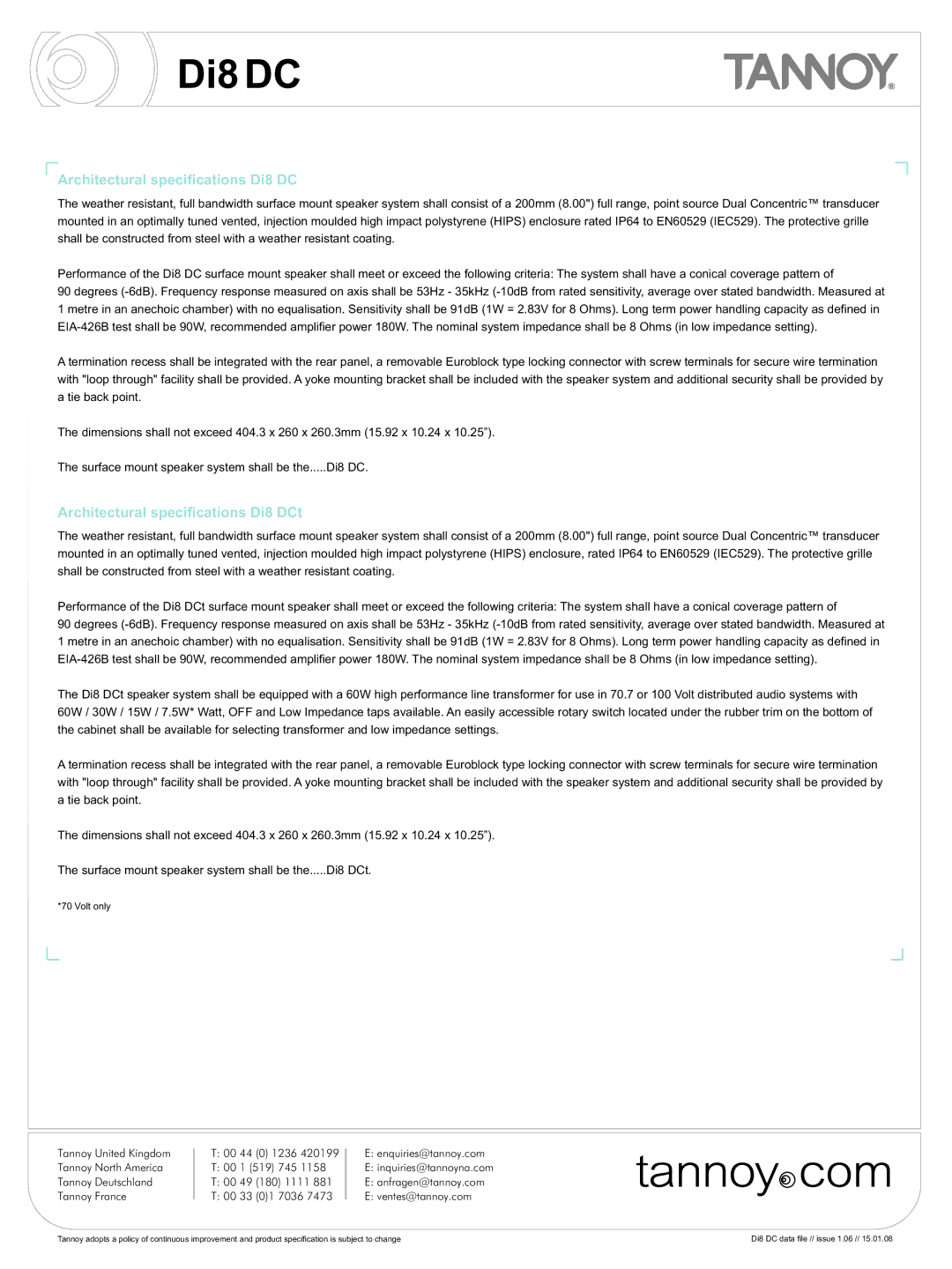 Tannoy Di8DC warranty Architectural specifications Di8 DC 